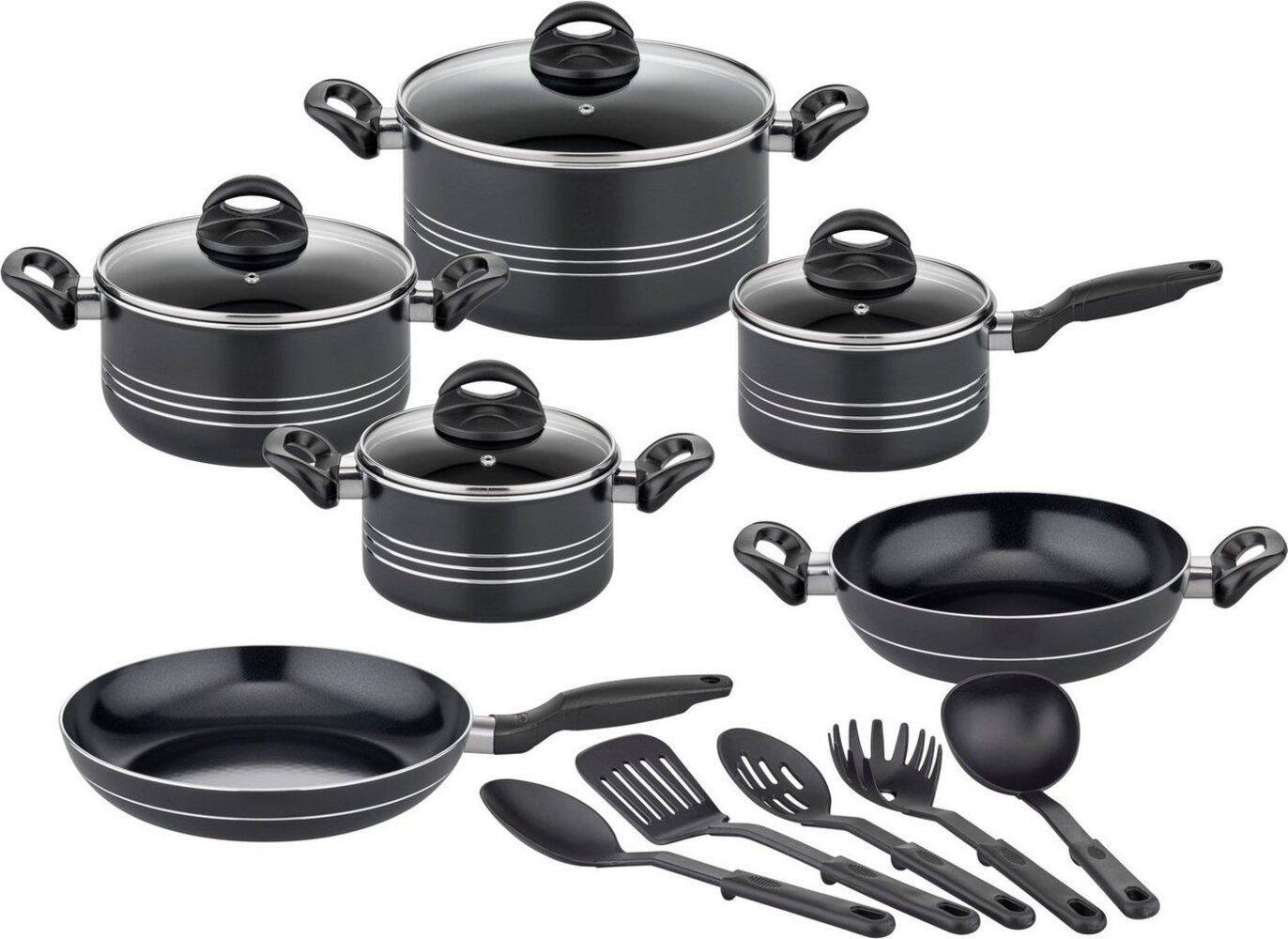 GSW Topf-Set Milano Nero, Aluminium (Set, 15-tlg, je 1 Kochtopf 16/20/2 cm, 1 Stielkasserolle 16cm, je 1 Pfanne 24/28cm), Induktion, inkl. 5-teiliges Küchenhelfer-Set Bild 1