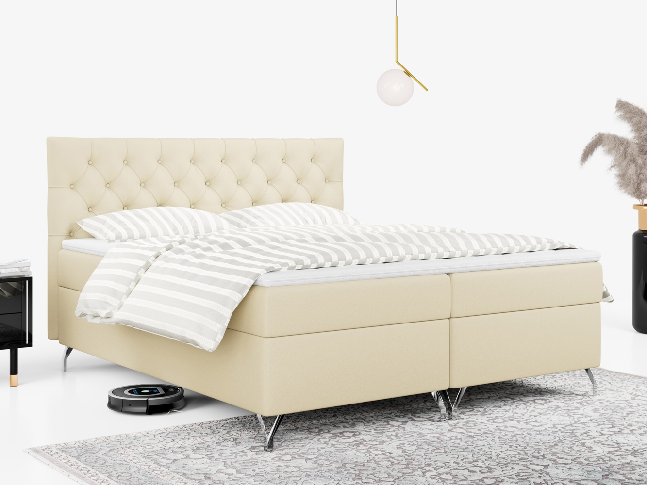 Boxspringbett mit Kopfteil und Topper, Polsterbett - GRIMALDI - 160 x 200 cm - Creme Kunstleder - H3 Bild 1