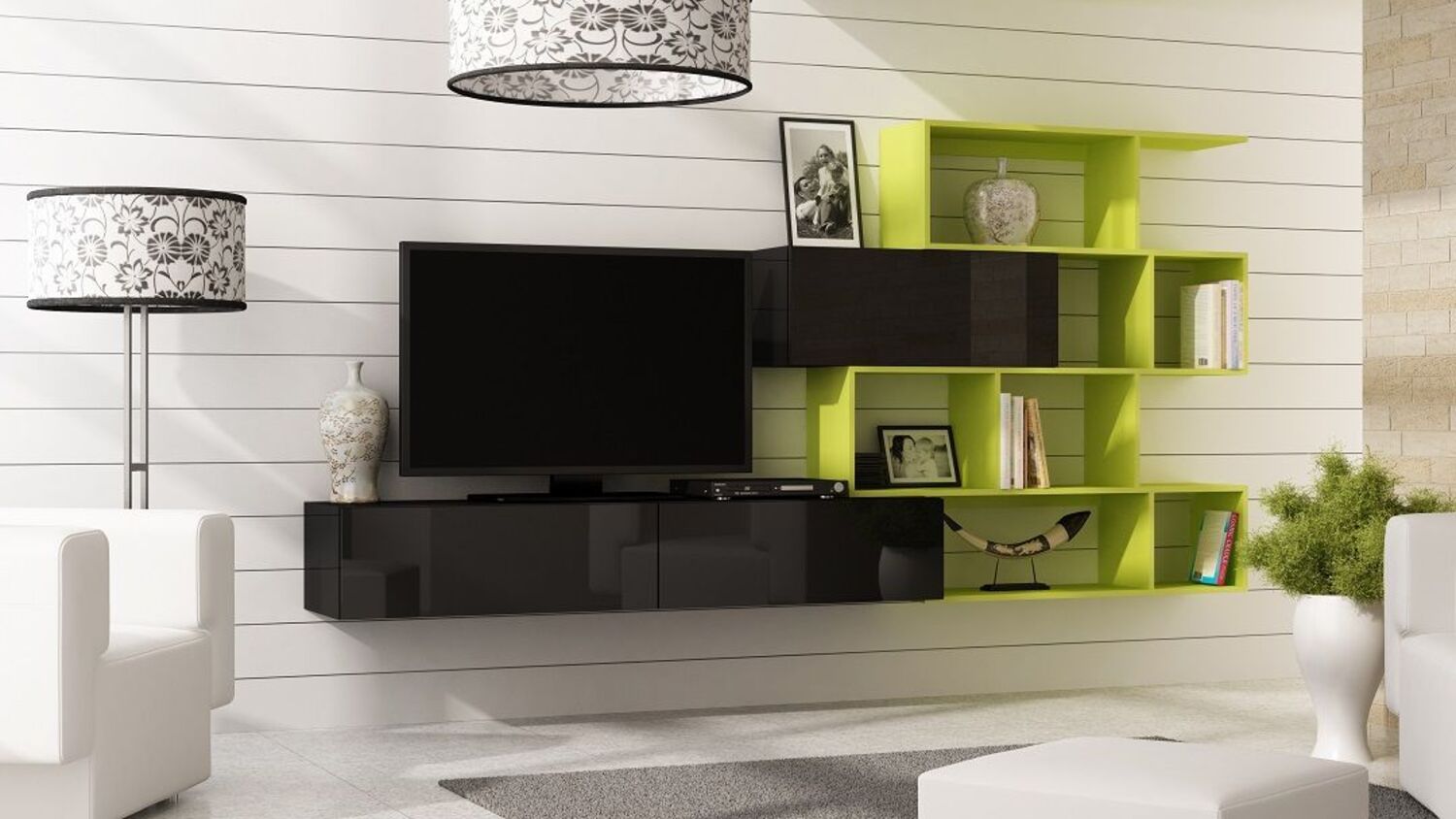 Mediawand Wohnwand 3 tlg - SKY - Schwarz HGL / Limette Bild 1