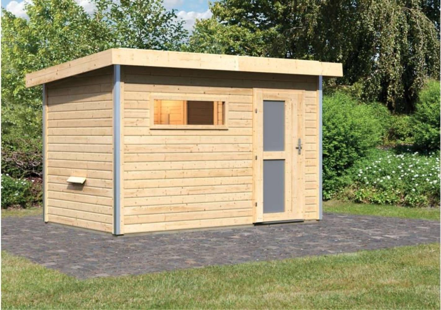 Karibu Saunahaus Skrollan Gartensauna 2 Sitzbänke aus Holz Sauna mit 38 mm Wandstärke Außensauna mit Montagematerial Bild 1