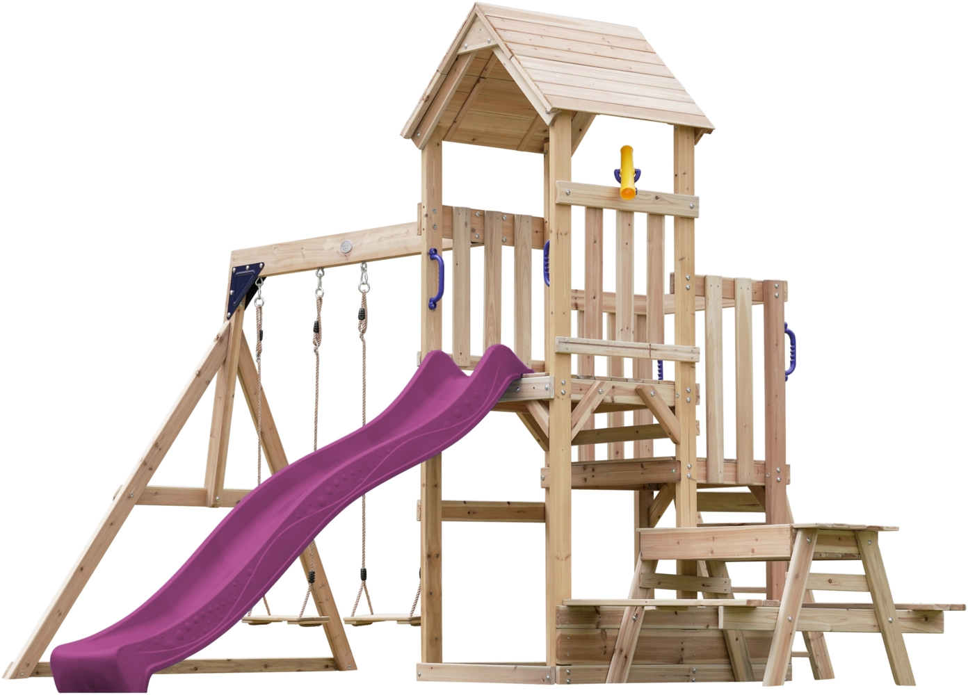 AXI Mette Spielturm aus Holz mit 2 Schaukeln XXL Spielhaus / Spielplatz für Kinder mit Picknicktisch, Sandkasten & Rutsche in Lila | Braun, Violett | Holz | 383 cm Bild 1