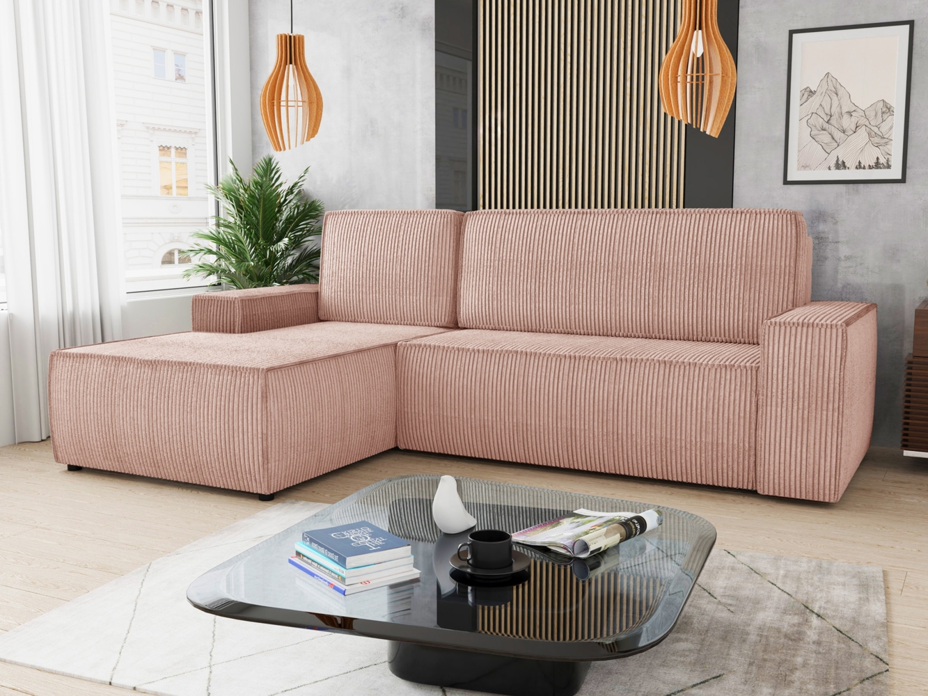 Ecksofa Totti L mit Schlaffunktion und Bettkasten - Cord Stoff - L-Form Couch, Polstersofa, Schlafsofa, Sofagarnitur (Rosa (Poso 052) Seite: Links) Bild 1