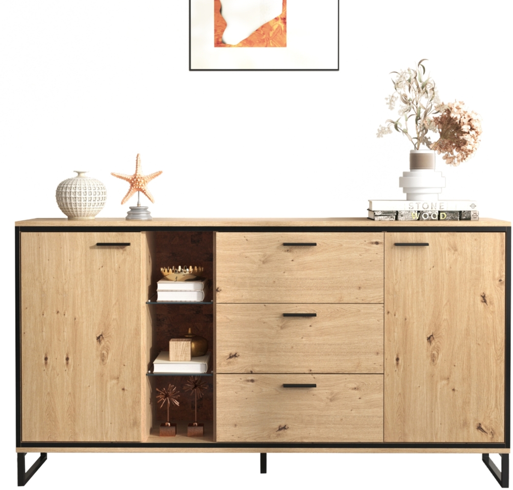 Merax Sideboard mit LED-Beleuchtung und Glasablagen, Kommode Holz mit großem Stauraum und verstellbare Einlegeböden Bild 1