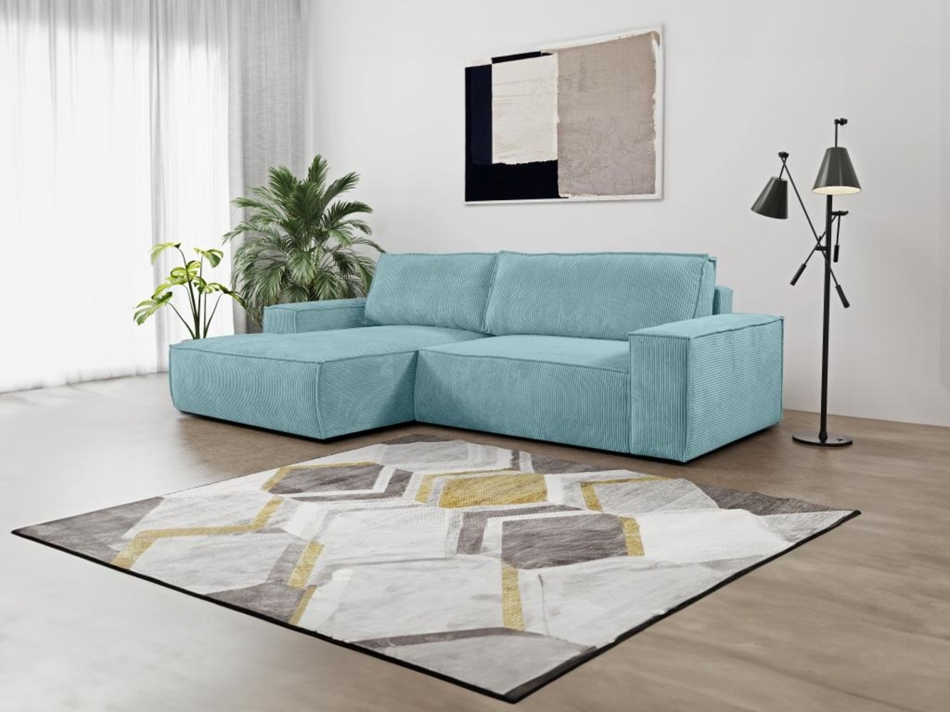 Vente-unique - Ecksofa mit Schlaffunktion - Ecke Links - Cord - Türkisblau - AMELIA Bild 1