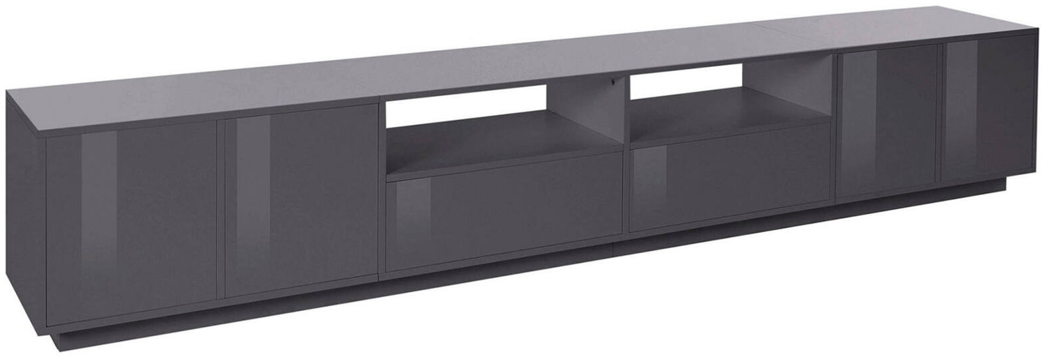 Dmora TV-Schrank Albak, niedriges Wohnzimmer-Sideboard, Fernsehständer-Basis, 100 % Made in Italy, 260 x 41 x 46 cm, glänzendes Anthrazit, Bild 1