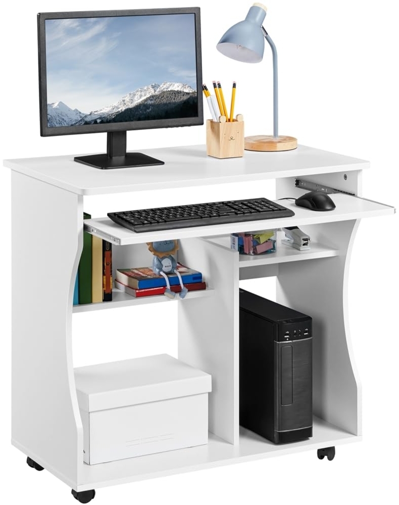 Yaheetech mobiler Schreibtisch Computertisch Arbeitstisch PC-Tisch Büromöbel mit 4 Ablageflächen Weiß Bild 1