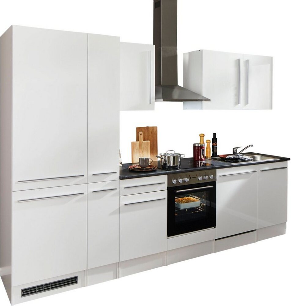 Jazz 8 Moderne Küchenzeile ohne Elektrogeräte in Weiß Hochglanz, Metallic Grau - Geräumige Einbauküche mit viel Stauraum - 310 x 211 x 60 cm (B/H/T) Bild 1