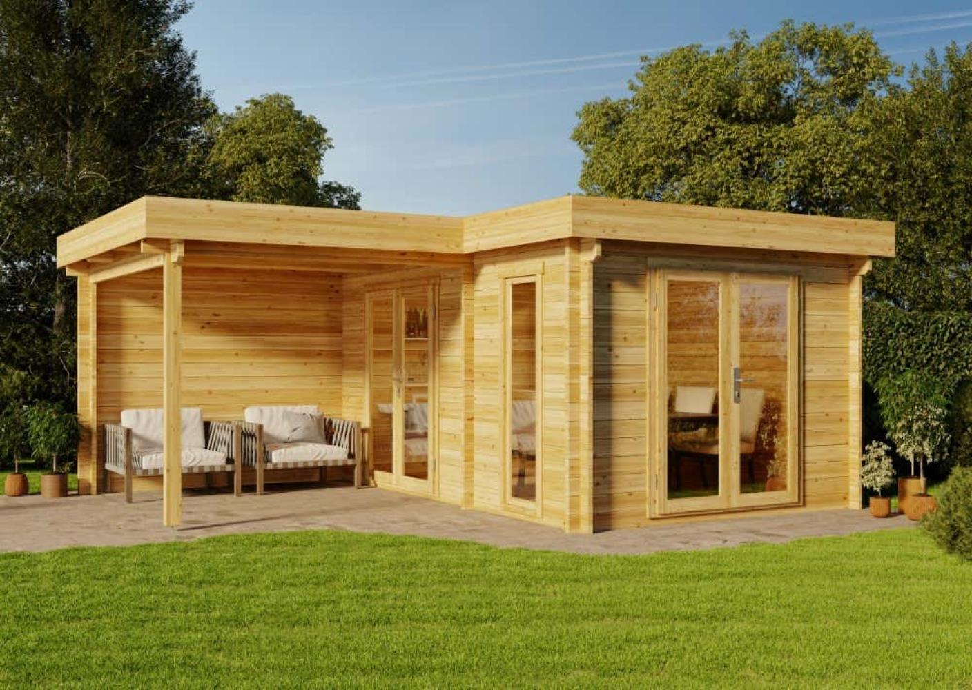 Alpholz Flachdach Gartenhaus Quinta Petite ISO Gartenhaus aus Holz in Braun Holzhaus mit 44 mm Wandstärke inklusive Terrasse inklusive Schleppdach Blockbohlenhaus mit Montagematerial Bild 1