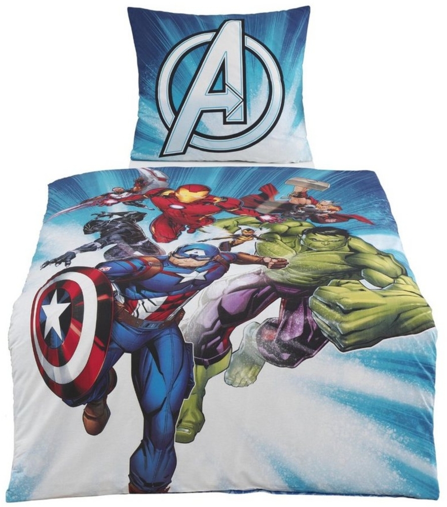 MTOnlinehandel Bettwäsche Avengers Marvel 135x200 + 80x80 cm, 100 % Baumwolle, Flanell/Biber, 2 teilig, Jungen Kinderbettwäsche mit Captain America, Iron Man, Hulk & Thor Bild 1