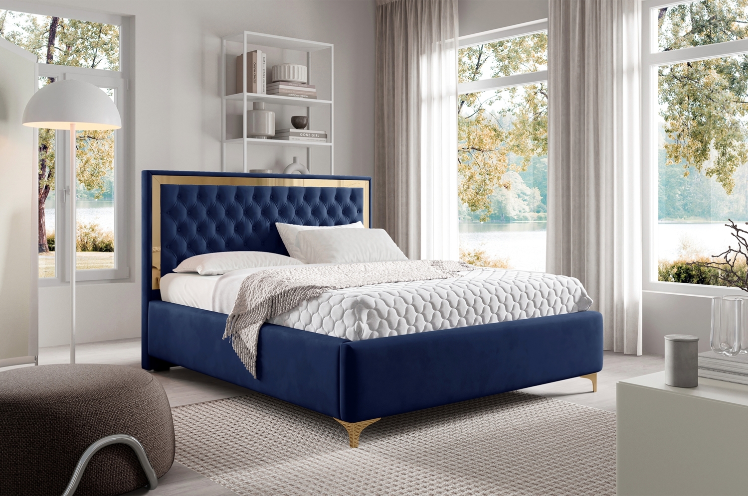 MEBLINI Polsterbett 160x200 mit Lattenrost und Matratze – ARONA GOLD – Blau Samt – Doppelbett mit Bettkasten - Stauraumbett - Kopfteil Bett mit Stauraum Bild 1