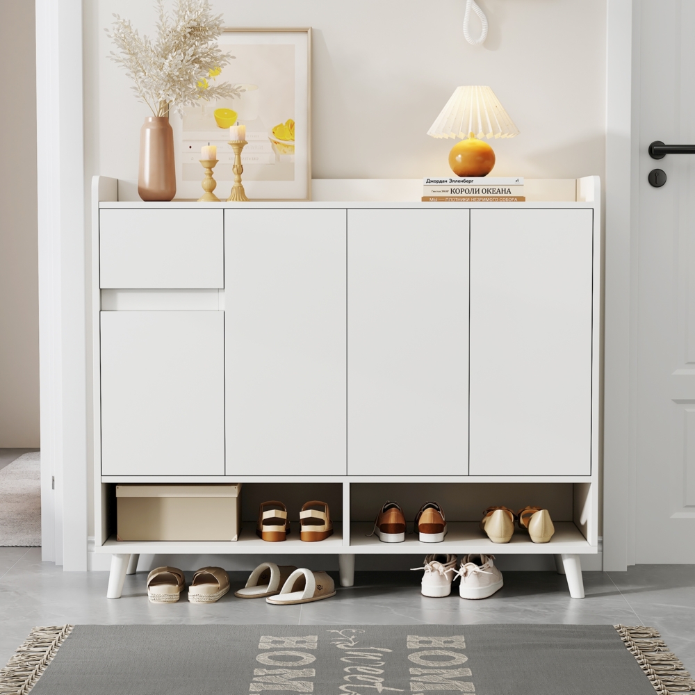 Merax Schuhschrank Sideboard Kommode mit großem Stauraum, 4 Türen und 1 Schubladen mit einem verstellbaren Regal, Weiß Bild 1