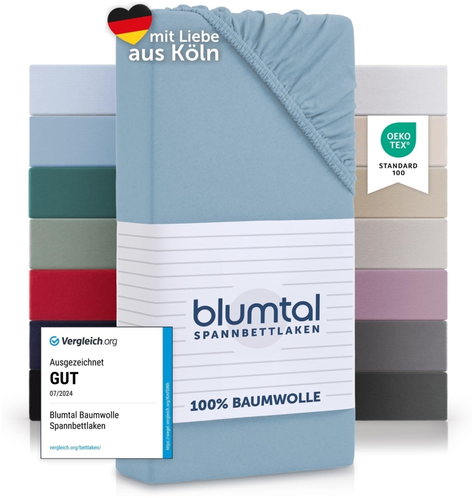 Blumtal® Baumwolle Spannbettlaken für Topper 180x200 cm Basics Jersey - Bettlaken 180x200 cm - Oeko-TEX zertifiziertes Spannbetttuch 180x200 - Topper Spannleintuch 180x200 - Betttuch - Dusk Blue Bild 1