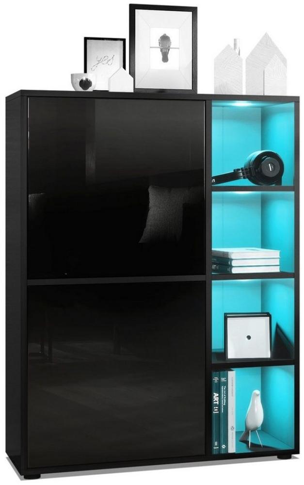 Highboard Schrank Anrichte Cuba mit 8 Fächern, Korpus in Schwarz matt / Fronten in Schwarz Hochglanz, mit RGB LED Beleuchtung Bild 1