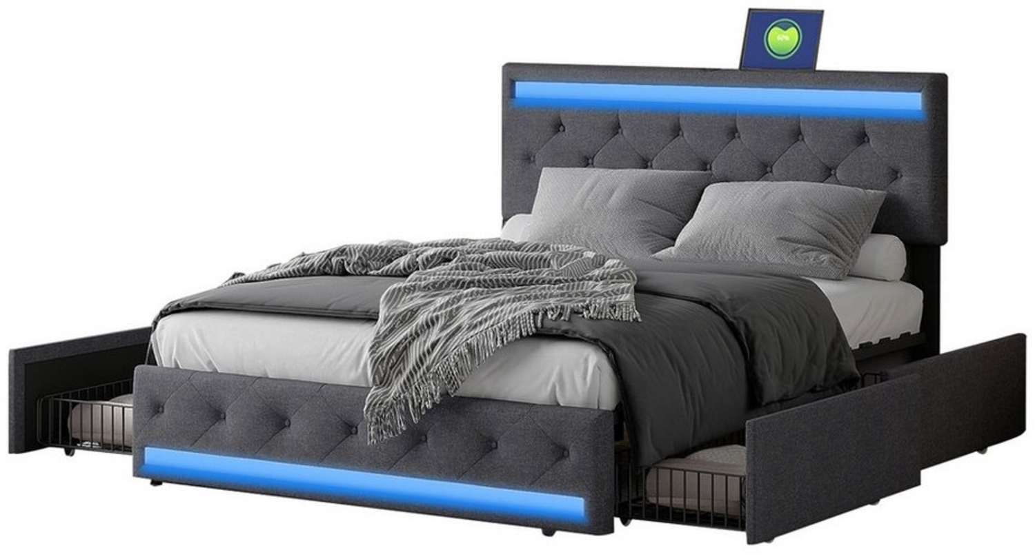 FUROKOY Polsterbett Polsterbett mit Vier Ablagefächer,USB- und Type-C-Anschlüsse (Multifunktionales Bett APP&Fernsteuerung-gesteuerte LED), Jugendbett Kopfteil mit LED-Beleuchtung,Grau,140x200cm Bild 1