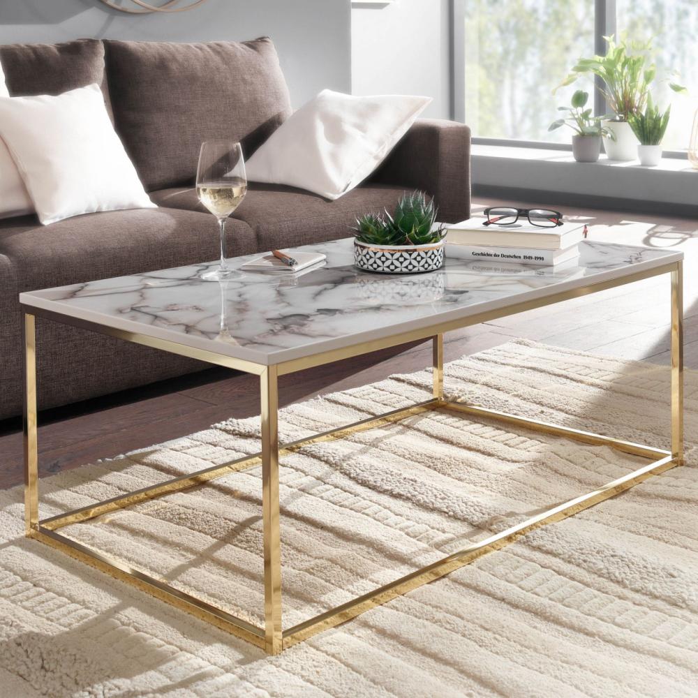 Couchtisch 100x60x40 cm mit Marmor Optik Weiß / Gold Bild 1