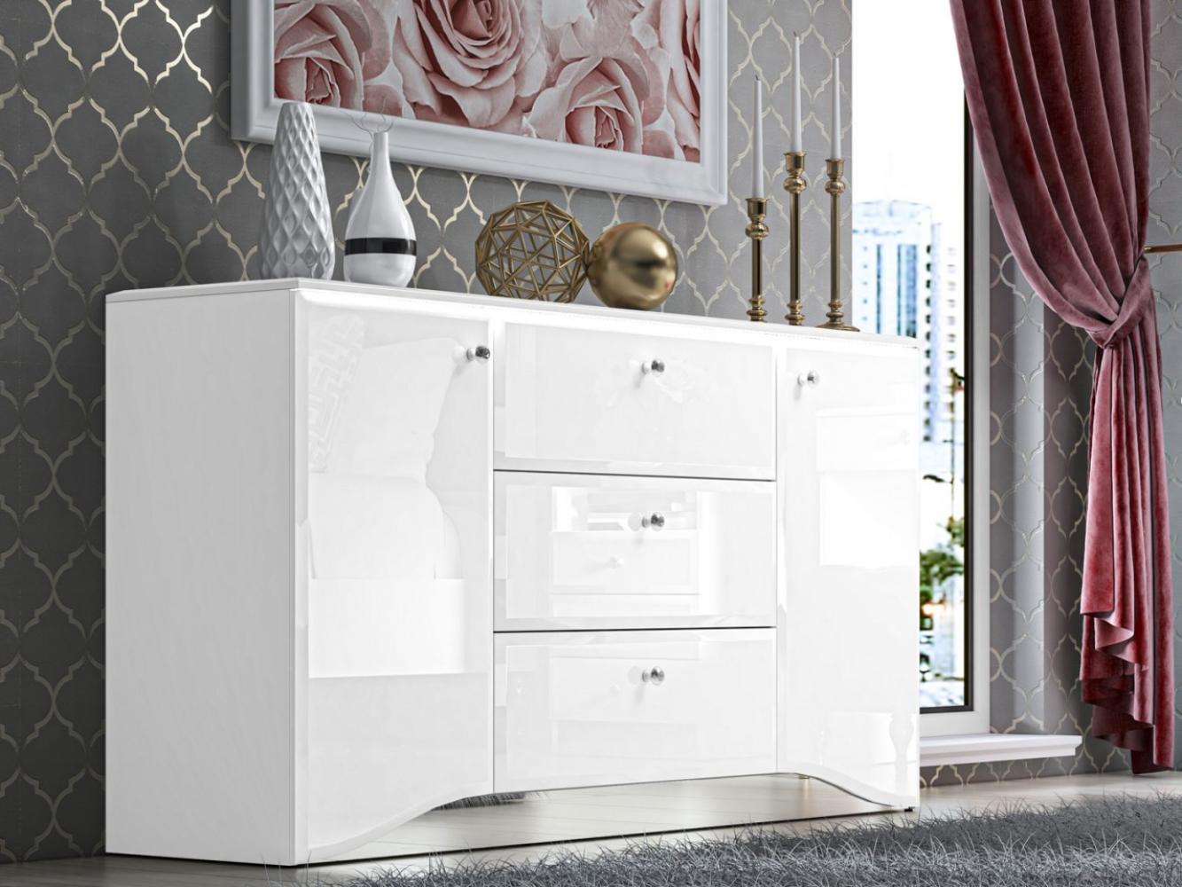 Sideboard Glamour Kommode 160 x 41 x 85 cm MDF weiß Hochglanz Bild 1