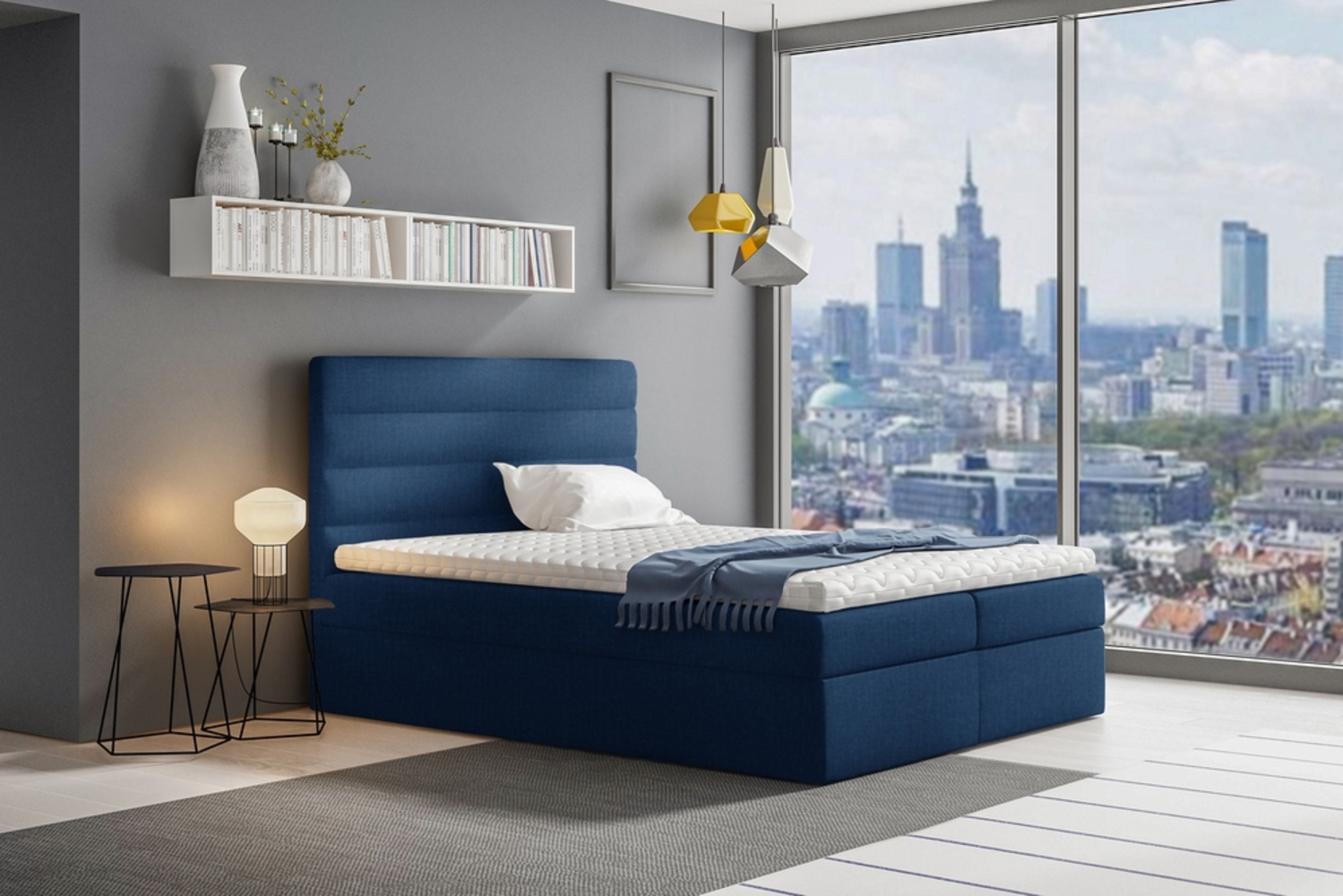 99rooms Adelasia Boxspringbett Strukturstoff INARI Dunkelblau 200x200 cm Bild 1