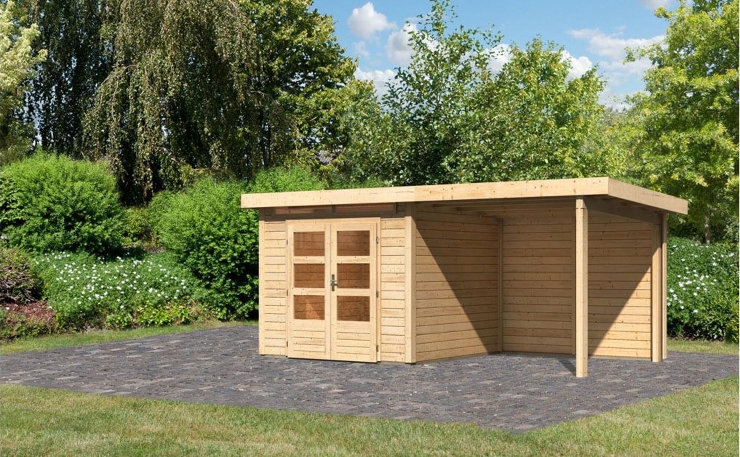Gartenhaus Kandern 3 - 244x244 cm mit Anbaudach 2,35 m und Rückwand, 28 mm naturbelassen, Karibu Bild 1