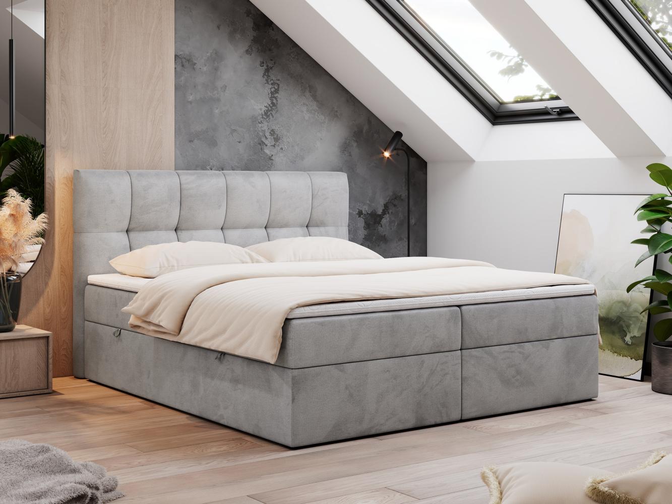 Boxspringbett mit Kopfteil und Topper, Doppelbett - RICO - 140x200cm - Hellgrau Velours - H3 Bild 1