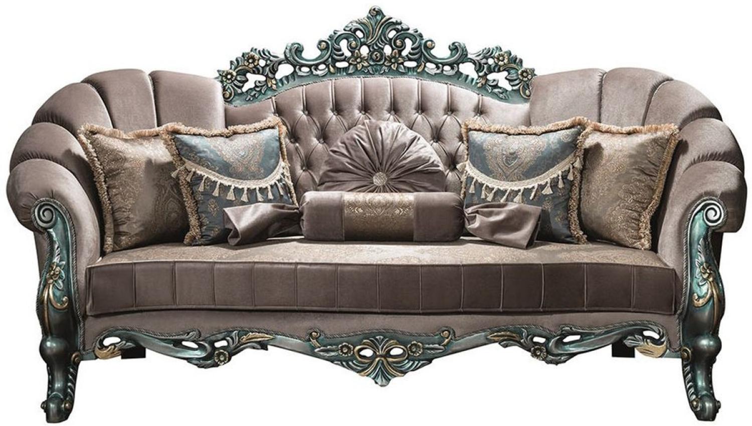 Casa Padrino Luxus Barock Samt Sofa Grau / Grün / Gold 225 x 95 x H. 115 cm - Prunkvolles Wohnzimmer Sofa mit Glitzersteinen und dekorativen Kissen Bild 1