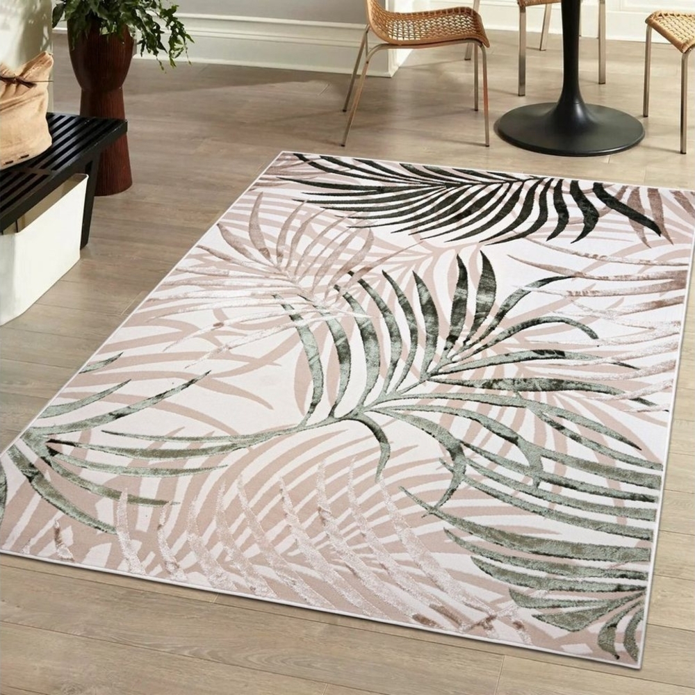 Mazovia Designteppich Modern Teppich für Wohnzimmer- Beige Creme mit Gold, 80 x 150 cm, Glänzende,Palmenzweige Feder,Modern,Höhe 10 mm,Weich,Pflegeleicht Bild 1