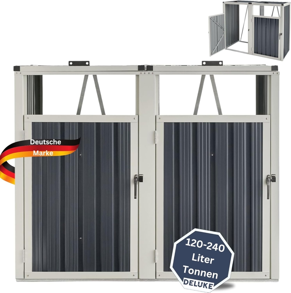 DELUKE® 2er Mülltonnenbox OSEO verzinkter Stahl - für 120-240L Tonnen2er Mülltonnenverkleidung für 2 Tonnen 240L Müllbox aus Metall Mülltonnenschutz Mülltonnendach Mülltonnenhaus Anthrazit Bild 1