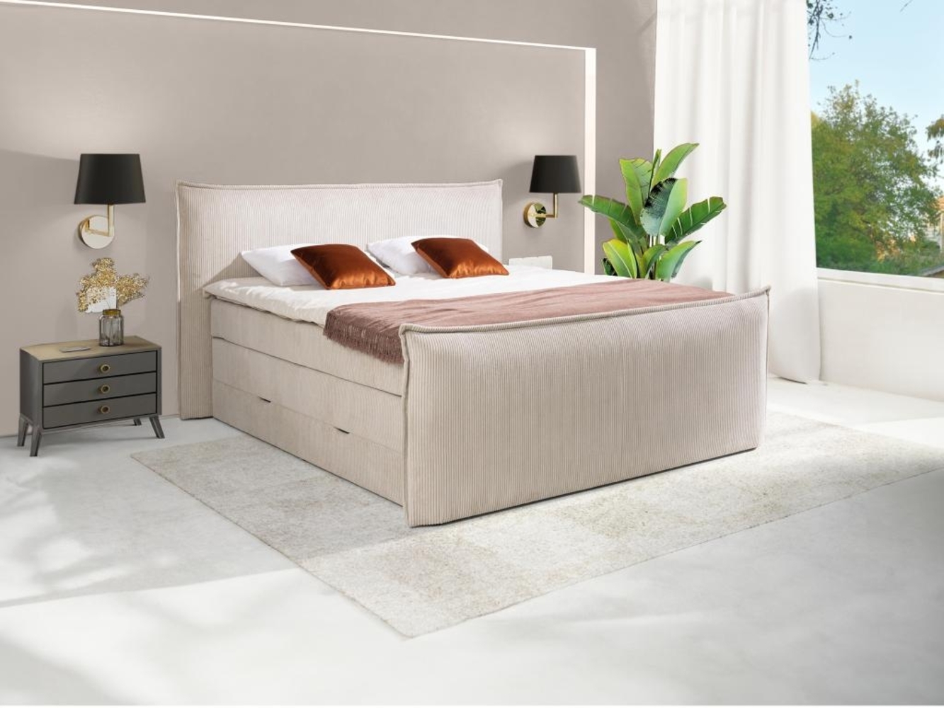 Vente-unique - Boxspringbett mit Kopfteil + Bettgestell mit Bettkasten + Matratze + Topper - 2 x 80 x 200 cm - Cord - Elfenbein - RHODA von PALACIO Bild 1