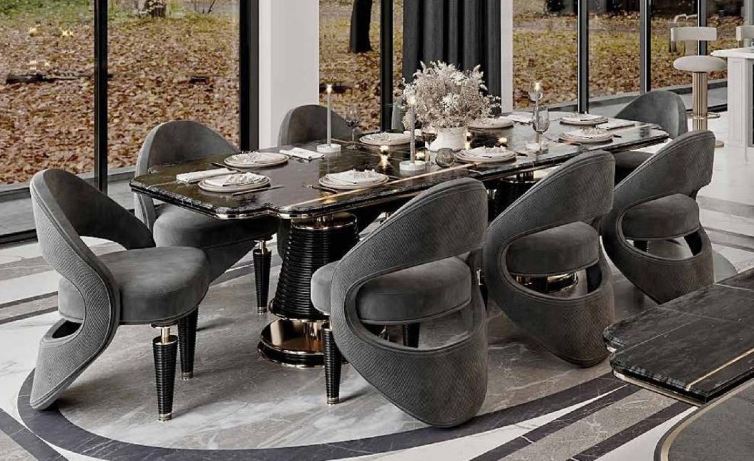 Casa Padrino Luxus Esszimmer Möbel Set Grau / Schwarz / Gold - 1 Luxus Esstisch mit Kunstmarmor Tischplatte & 8 Luxus Esszimmerstühle - Esszimmer Möbel - Restaurant Möbel - Luxus Möbel Bild 1