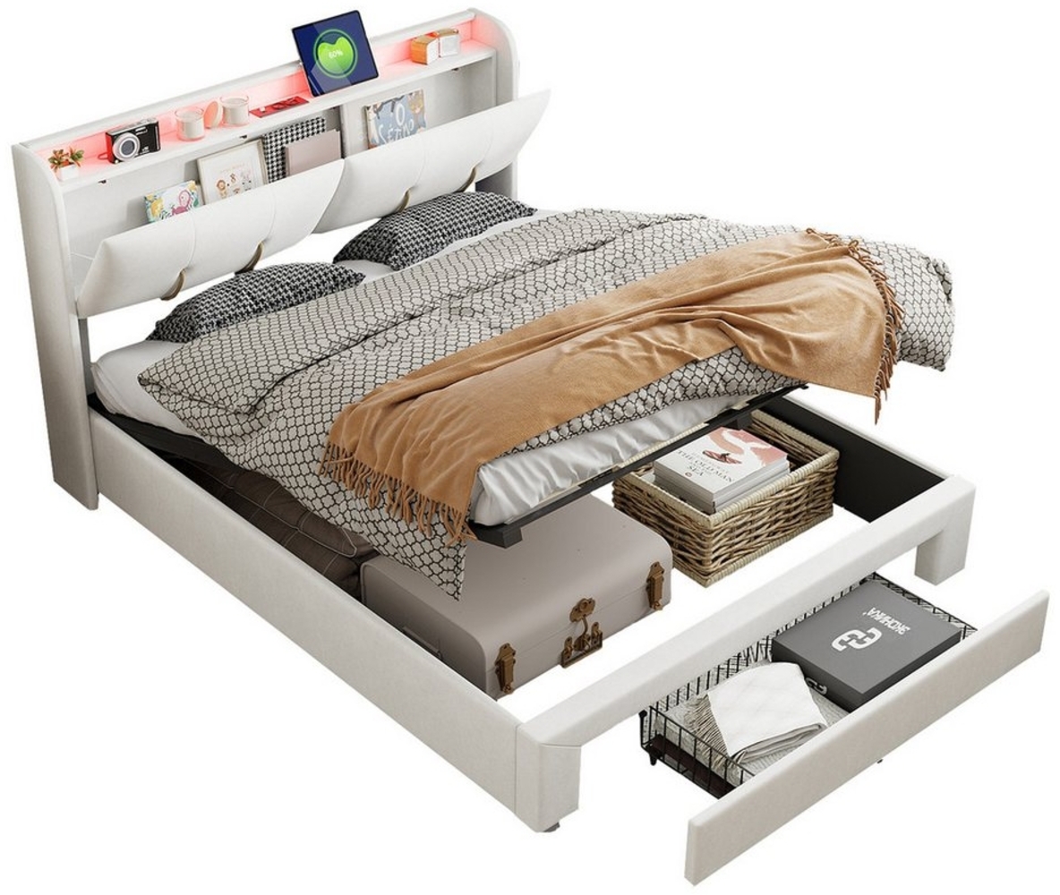 FUROKOY Polsterbett LED Hydraulisches Doppelbett Samt, 160x200cm Stauraumbett mit Ladefunktion,Beige Bild 1