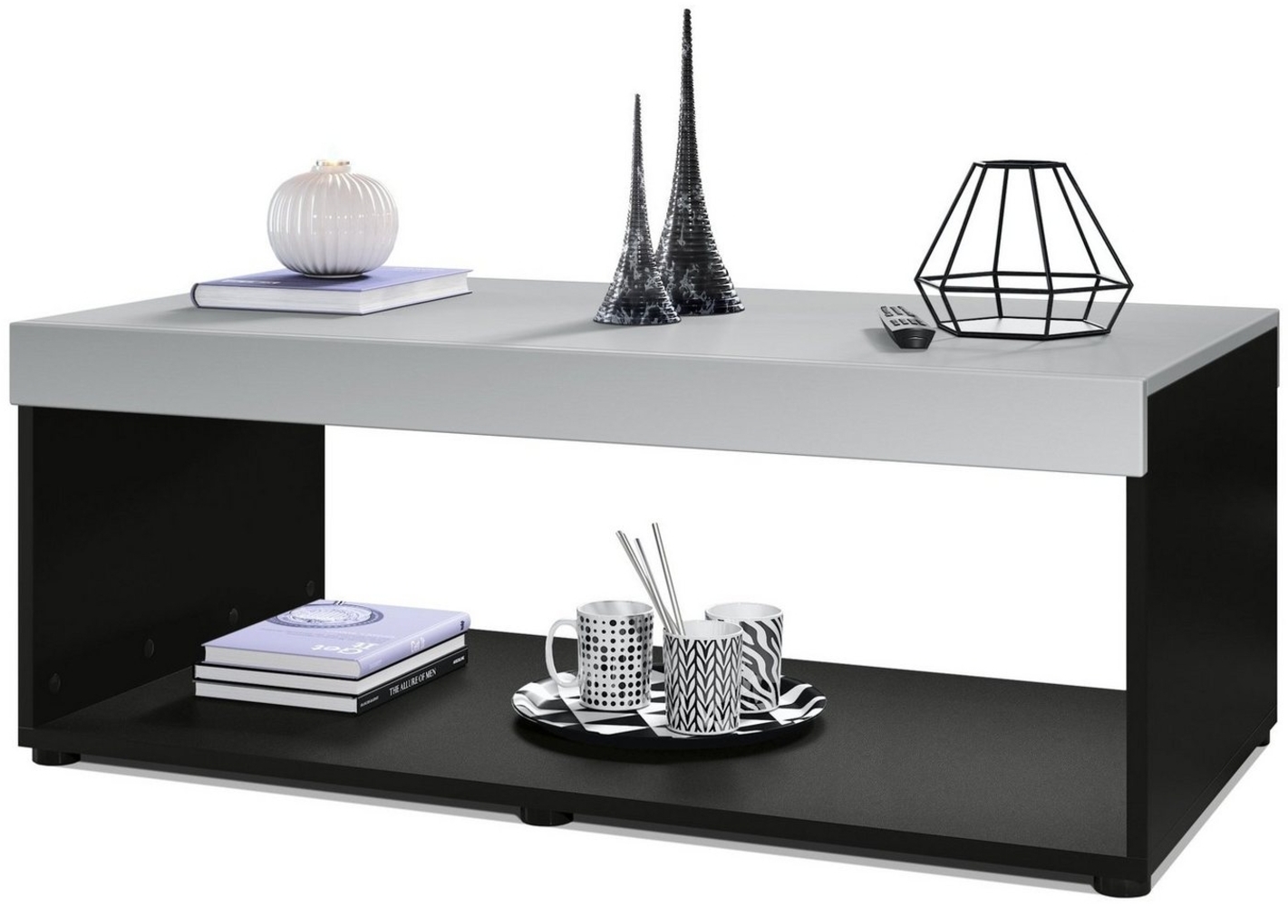 Vladon Couchtisch Pure, Wohnzimmertisch in Kastenform, Schwarz matt/ Hellgrau Seidenmatt (104 x 40,5 x 58 cm) Bild 1