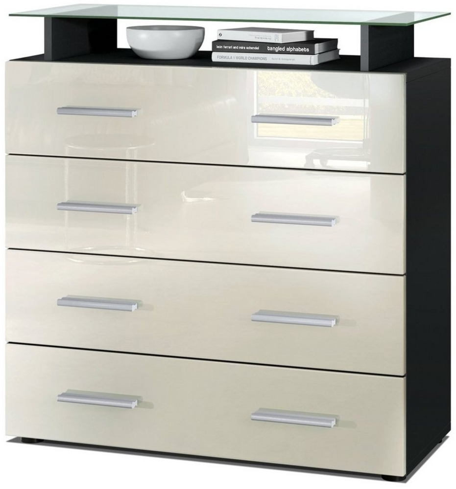 Vladon Sideboard Pavos V2, Kommode mit 4 Schubladen und Glasablage, Schwarz matt/Creme Hochglanz (76 x 81 x 35 cm) Bild 1