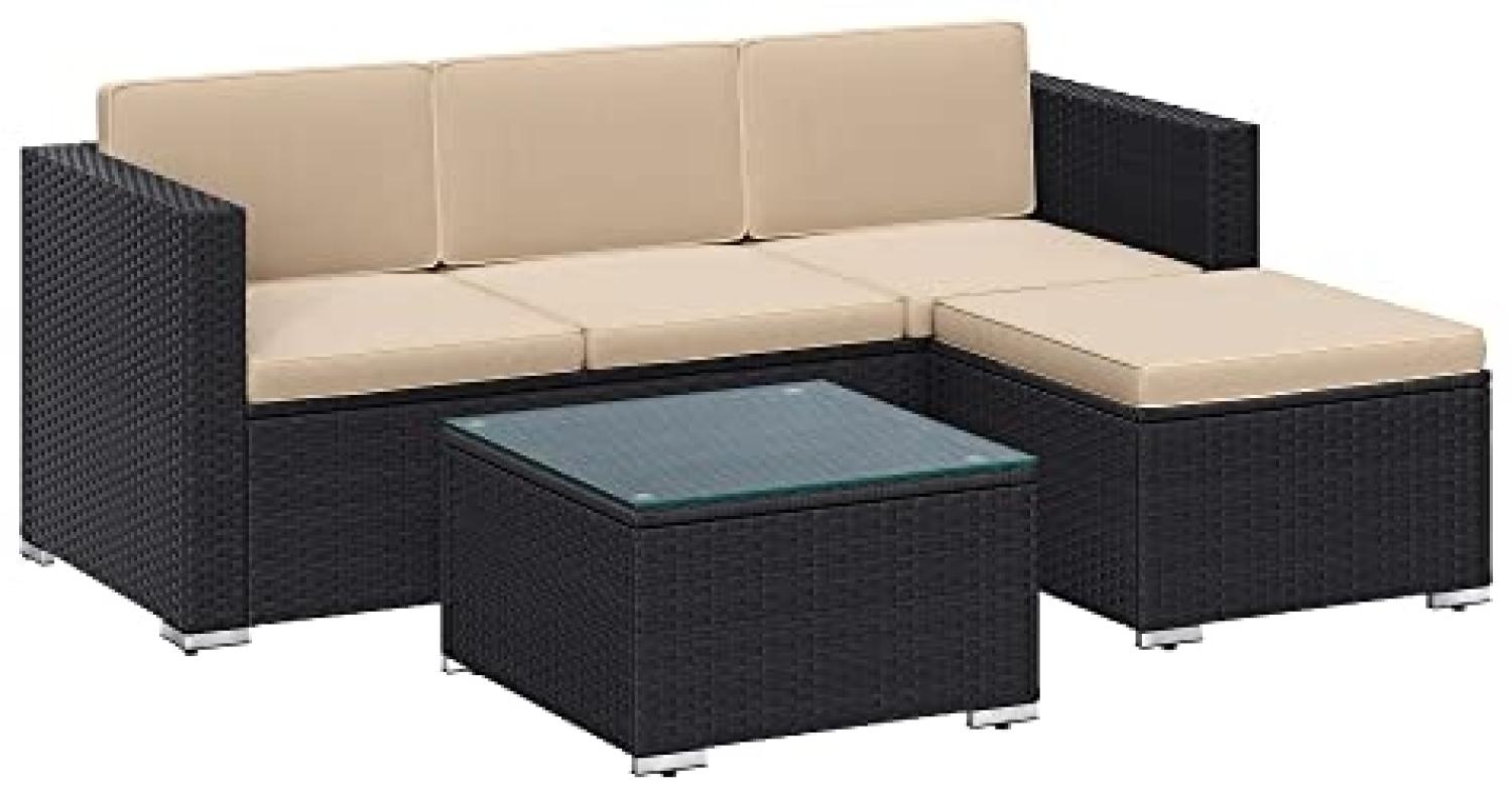 Balkonmöbel aus PE-Polyrattan, mit Kissen und Glastisch, Ecksofa, Lounge-Set schwarz-taupe GGF005B03 Bild 1