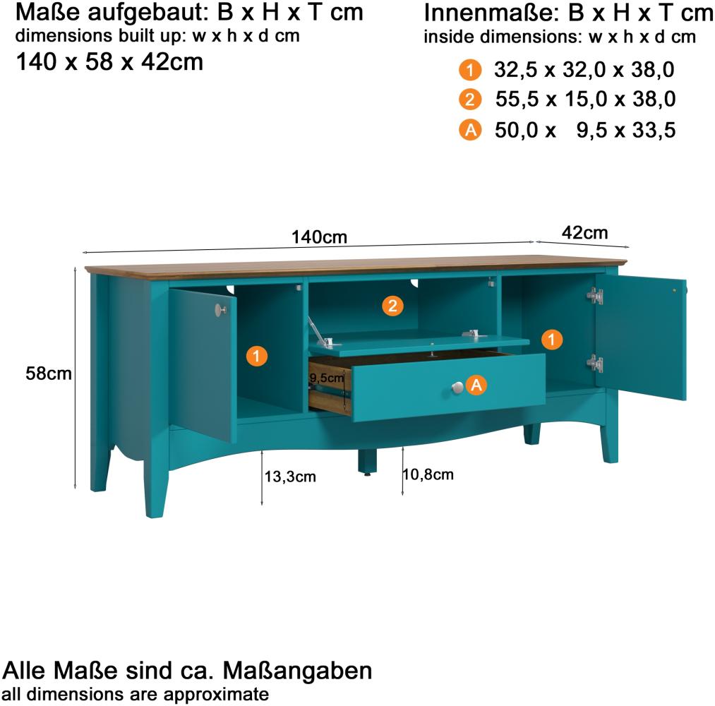 Inter-Furn Lissabon - Kommoden TV-Lowboard - Kiefer teilmassiv, Blau lackiert - B/H/T: 140 / 58 / 42 cm Bild 1