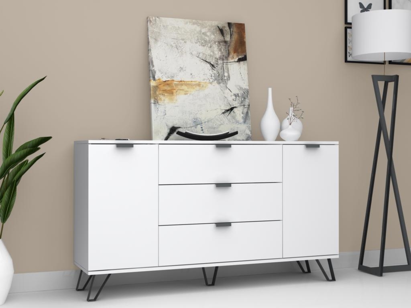 Vente-unique - Sideboard mit 2 Türen & 3 Schubladen - Weiß & Schwarz - MENODA Bild 1