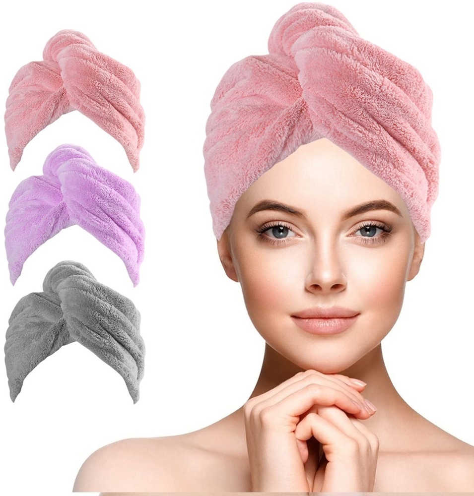 Coonoor Turban-Handtuch 3 Stück Mikrofaser Handtuch Haare Haarturban mit Knop, (zumTrocknen von Haaren), passend für Lange, Kurze, Locken, gerade Haare Bild 1