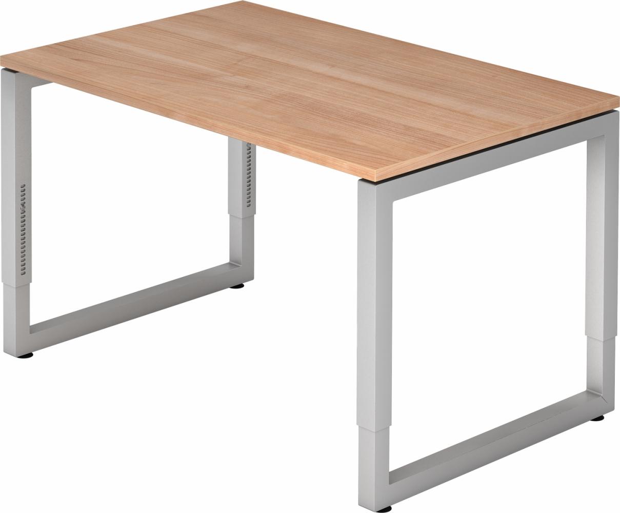 bümö höhenverstellbarer Schreibtisch R-Serie 120x80 cm in Nussbaum, Gestell in Silber - PC Tisch klein für's Büro manuell höhenverstellbar, Computertisch verstellbar, RS-12-N-S Bild 1