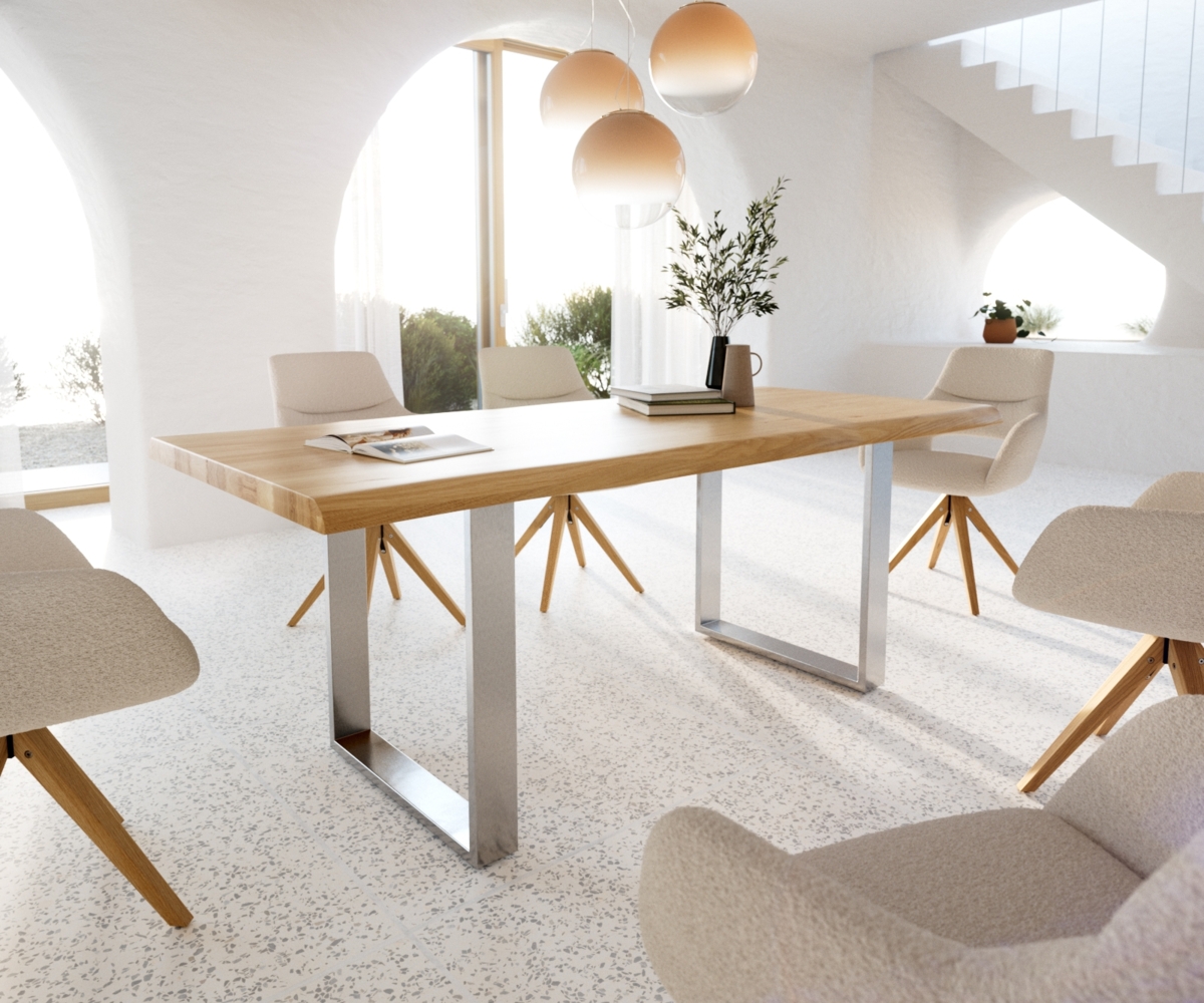 Esstisch Edge 200x100 Eiche Natur Edelstahl Schmal Live-Edge Bild 1