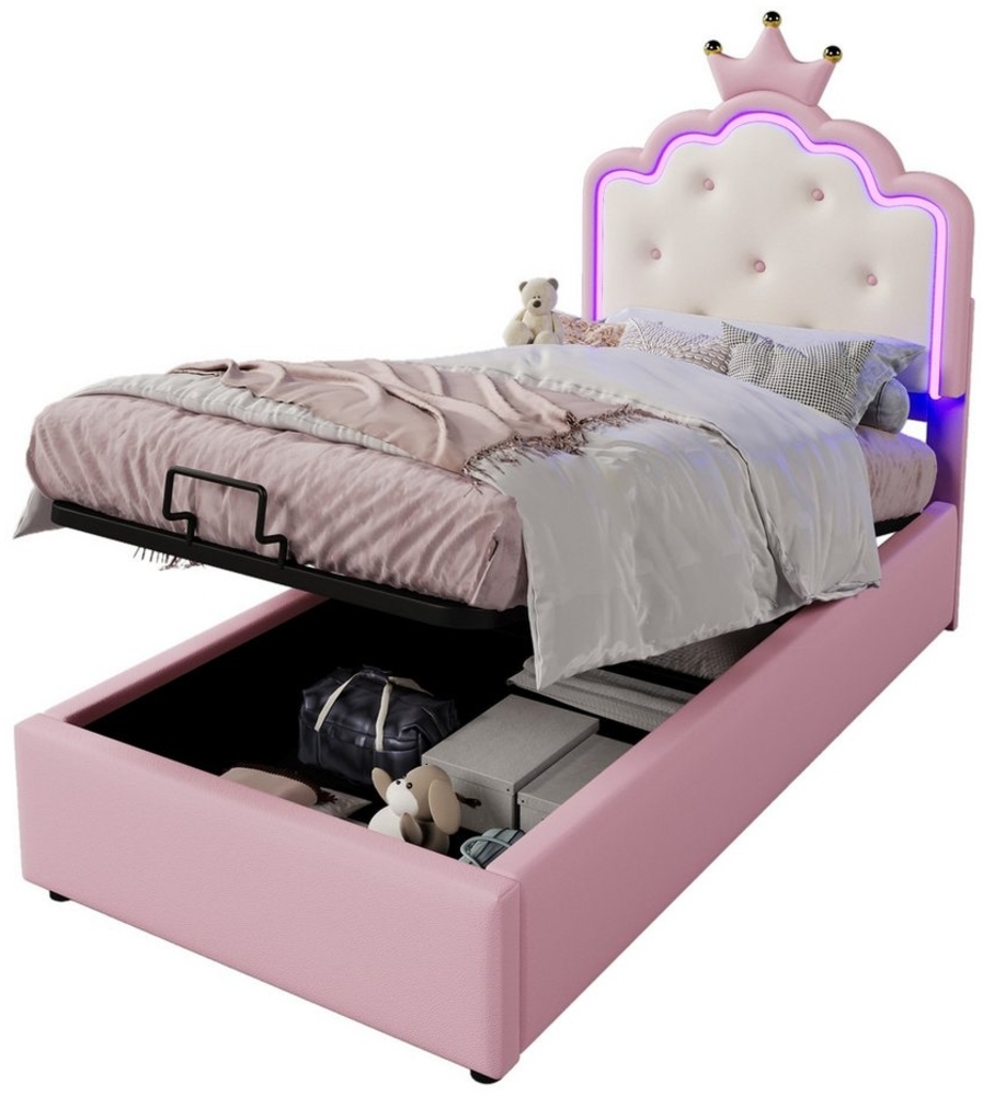 REDOM Polsterbett Gästebett,Jugendbett,mit LED-Umgebungslicht (Polsterbett,mit Lattenrost, Fernsteuerbarem Ambientelicht, Hydraulischer Stauraum, Rosa Kronprinzessinnen Design für Kinderzimmer, Umweltschonendes kunstleder-Material, ideal für Mädchen, m... Bild 1