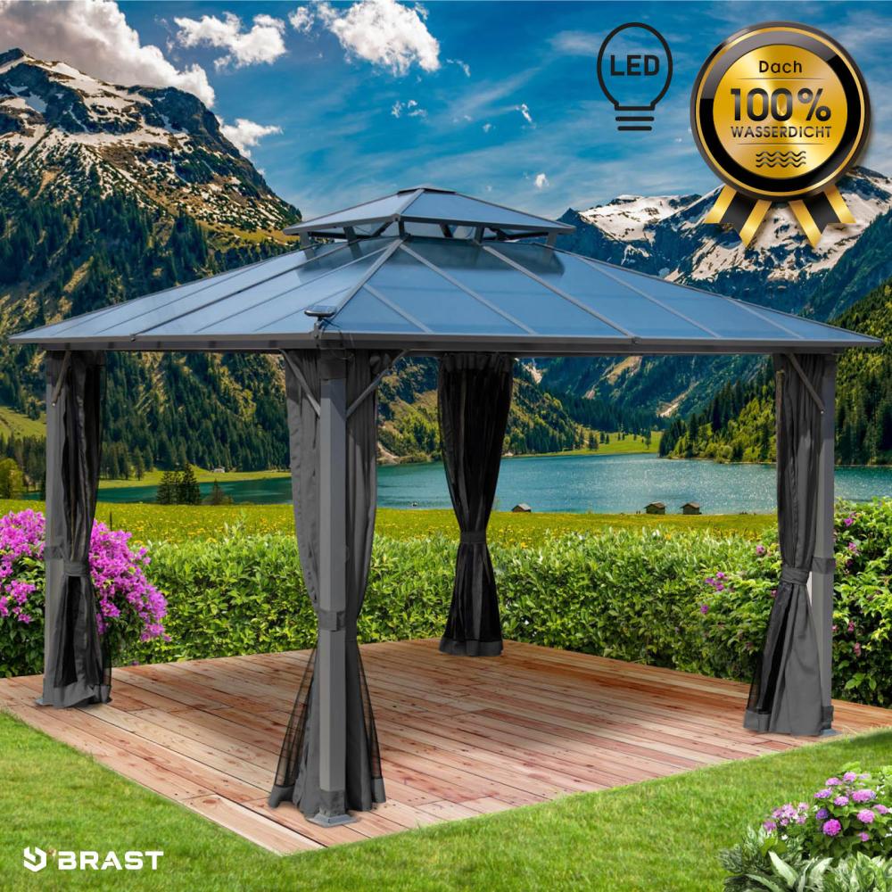 BRAST Pavillon Aluminium Pagode 3,5x3,5m Dunkelgrau inkl. Moskitonetz + LED festes Dach wasserdicht stabil UV-Schutz Bild 1