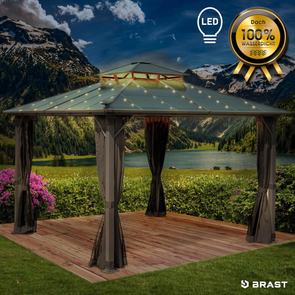 BRAST Pavillon Aluminium Pagode 3,5x3,5m Dunkelgrau inkl. Moskitonetz + LED festes Dach wasserdicht stabil UV-Schutz Bild 1