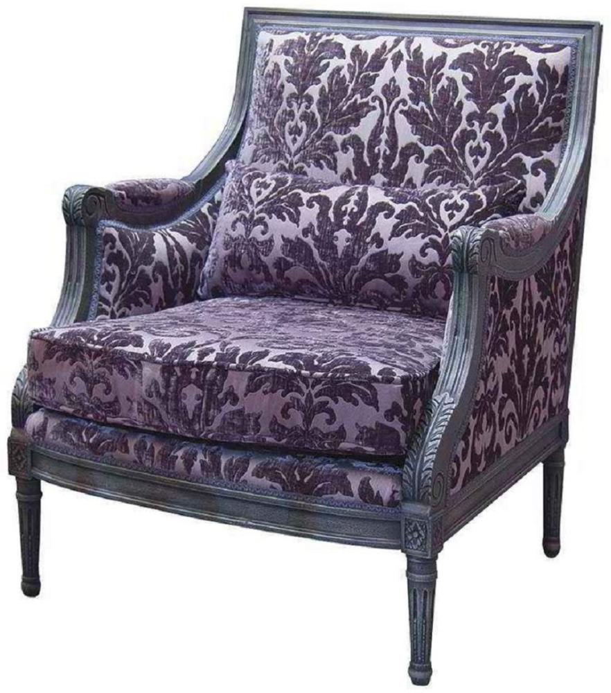 Casa Padrino Luxus Barock Sessel Lila / Grau 70 x 65 x H. 90 cm - Handgefertigter Wohnzimmer Sessel mit elegantem Muster und dekorativem Kissen - Edle Barock Möbel Bild 1