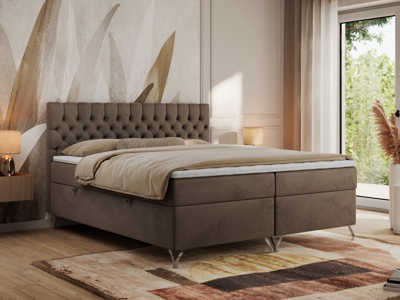 Boxspringbett mit Kopfteil und Topper, Polsterbett - GRIMALDI - 140 x 200 cm - Braun Velvet - H3 Bild 1