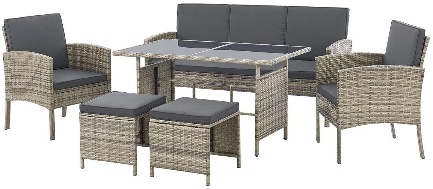 Juskys Polyrattan Gartenmöbel Sitzgruppe Turin Set 6 teilig - 7 Personen - Outdoor Möbel mit Sessel, Hocker, Tisch & Kissen - Garten Loungemöbel Grau Bild 1