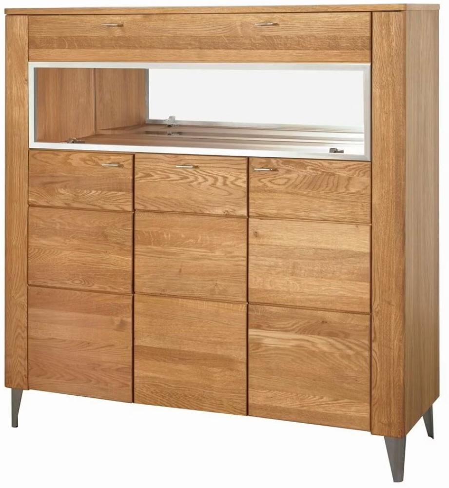 Highboard Vitrinenschrank Latina 126x42x134cm Honig Eiche teilmassiv 4-türig Bild 1