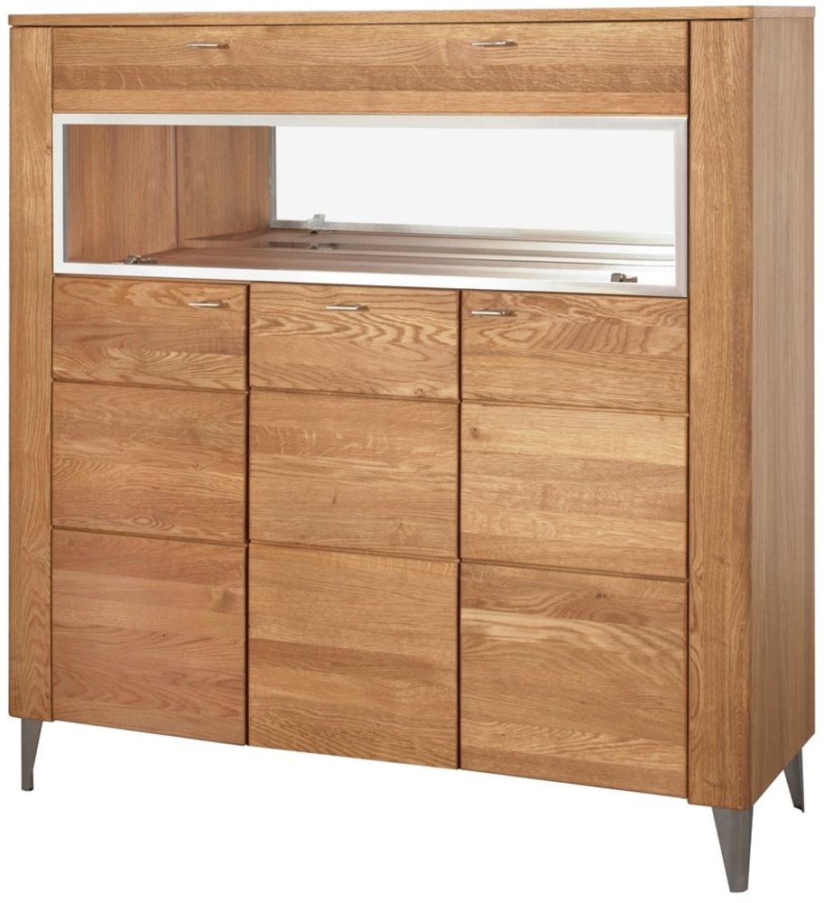 Highboard Vitrinenschrank Latina 126x42x134cm Honig Eiche teilmassiv 4-türig Bild 1
