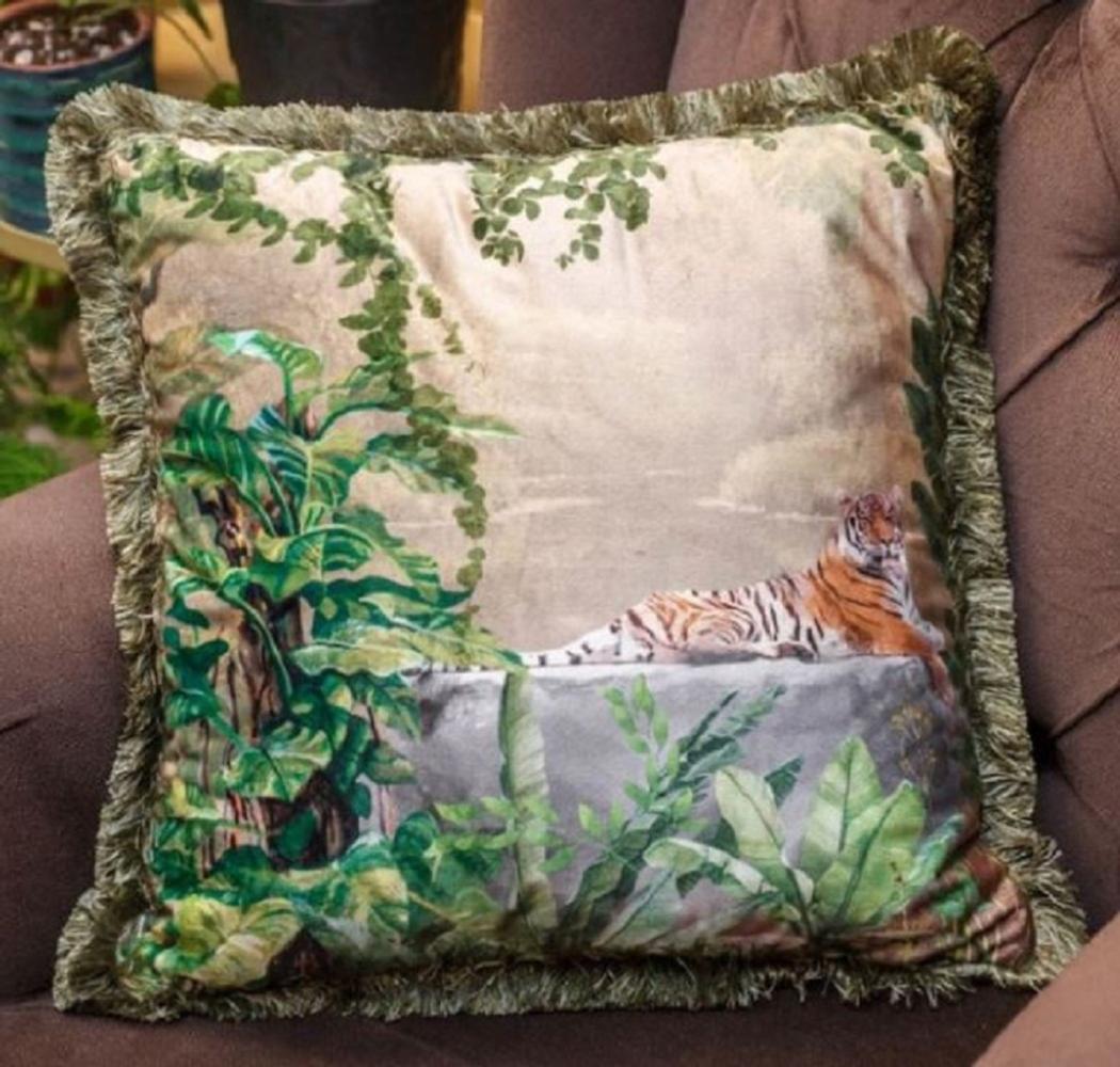 Casa Padrino Luxus Deko Kissen Dschungel & Tiger Mehrfarbig / Grün 45 x 45 cm - Bedrucktes Samt Kissen mit Fransen - Edles Zierkissen - Luxus Kollektion Bild 1