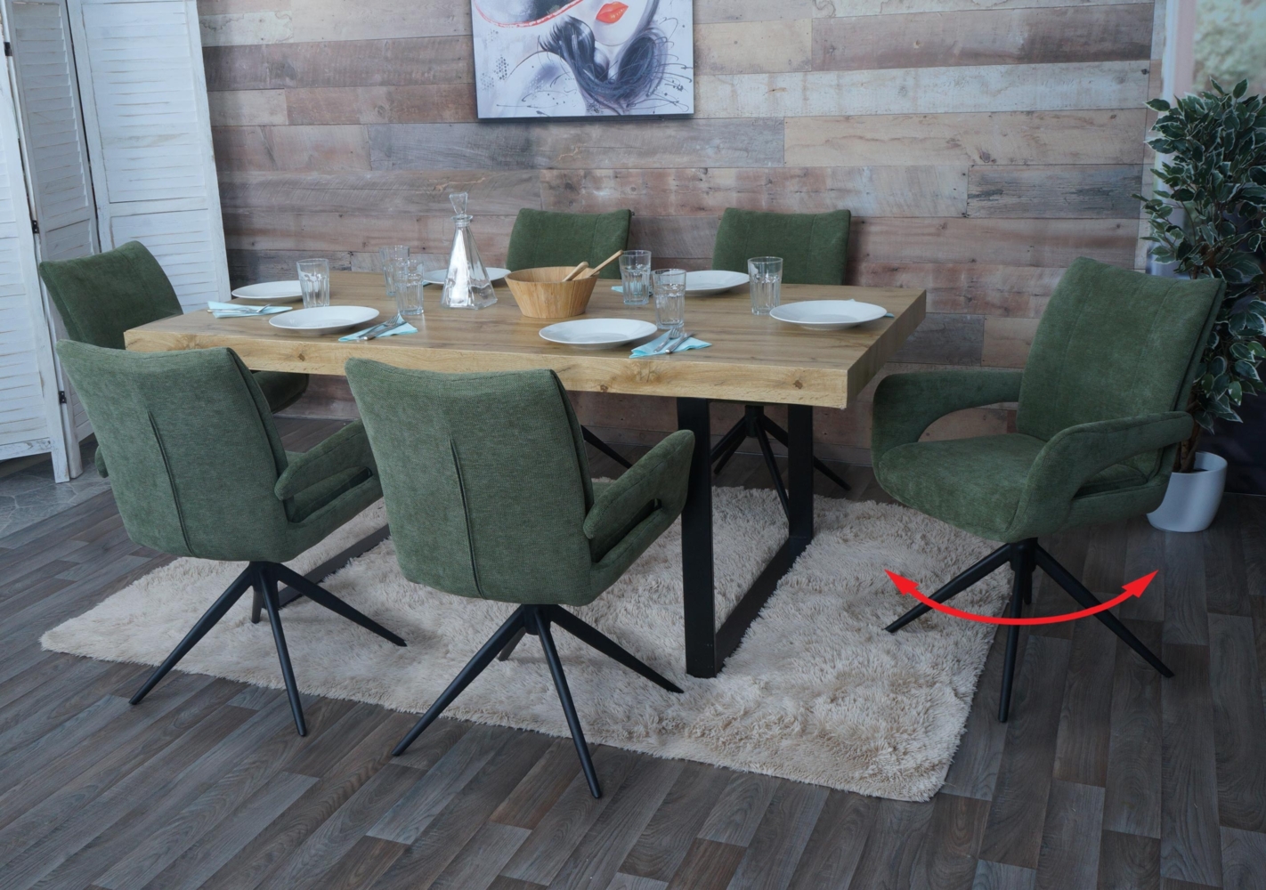 6er-Set Esszimmerstuhl HWC-O78, Küchenstuhl, drehbar Auto-Return, Stoff/Textil Chenille (310g/m²) Öko-Tex ~ grün Bild 1