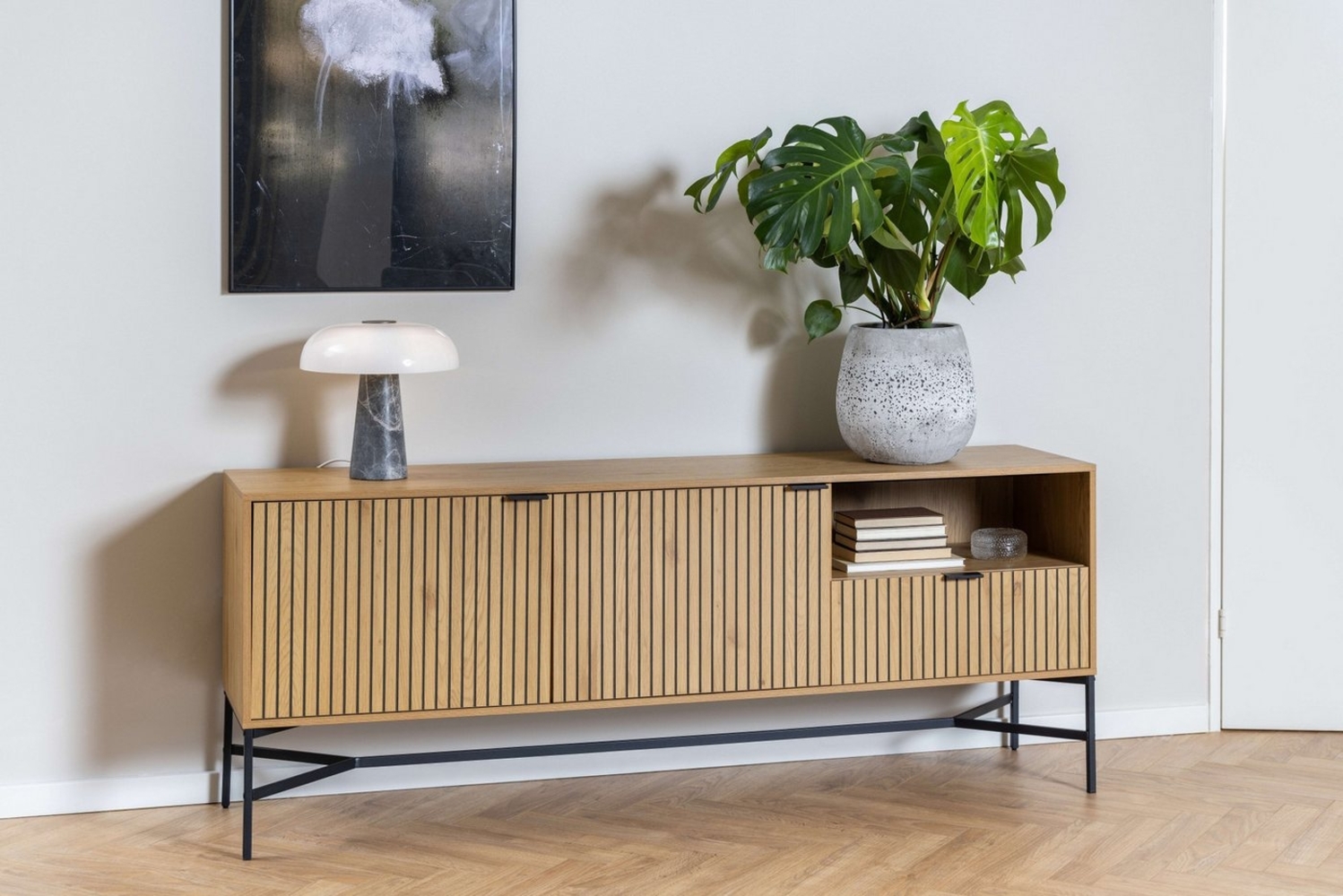 ACTONA GROUP Sideboard Jaipur Anrichte, Kommode, Eiche-Optik, 2 Türen, 2 Einlegeböden, Lamellenfront Bild 1