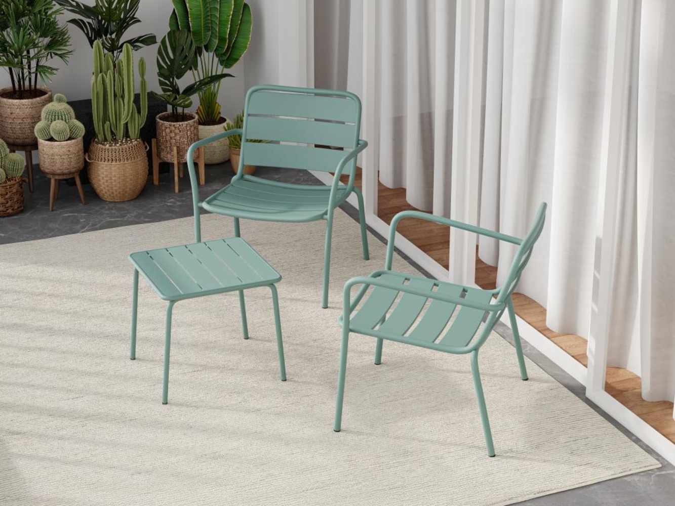 Vente-unique - Garten-Sitzgruppe: 2 niedrige, stapelbare Sessel + Beistelltisch quadratisch - Metall - Mandelgrün - MIRMANDE von MYLIA Bild 1