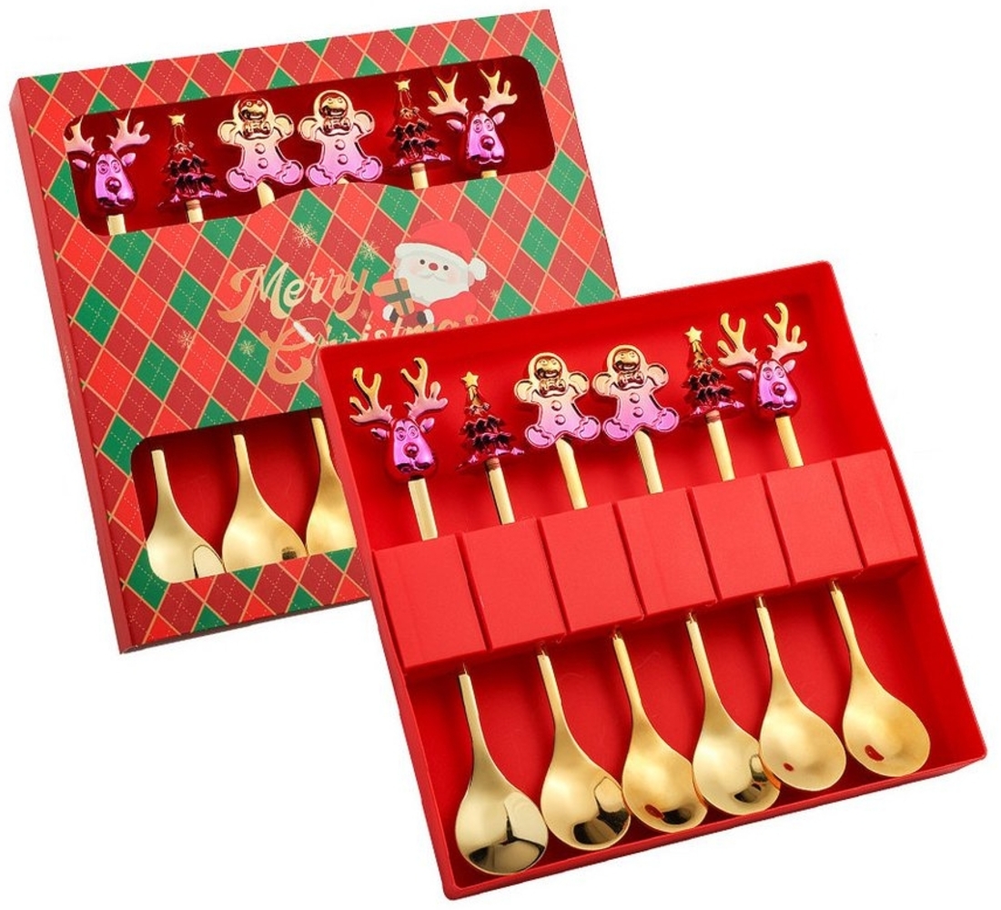 Coonoor Geschirr-Set 6 Stück Weihnachtslöffel Weihnachten Edelstahl Dessert Kaffeelöffel, Mit Weihnachtsbaum, Rentier, Weihnachtsmann und Lebkuchen dekoriert Bild 1